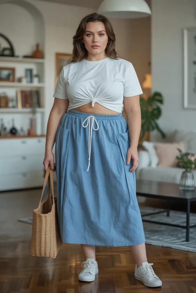 Plus Size Summer Drawstring Midi Skirt and Cropped Tee European Outfit