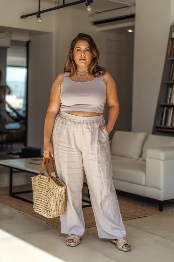 Plus Size Summer Elastic Waist Linen Trousers and Boxy Crop Top Mom Outfit