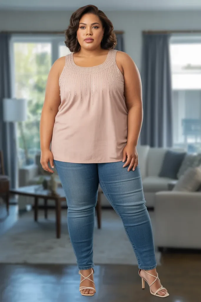 Plus Size Summer Embellished Tank with Casual Jeans Outfit