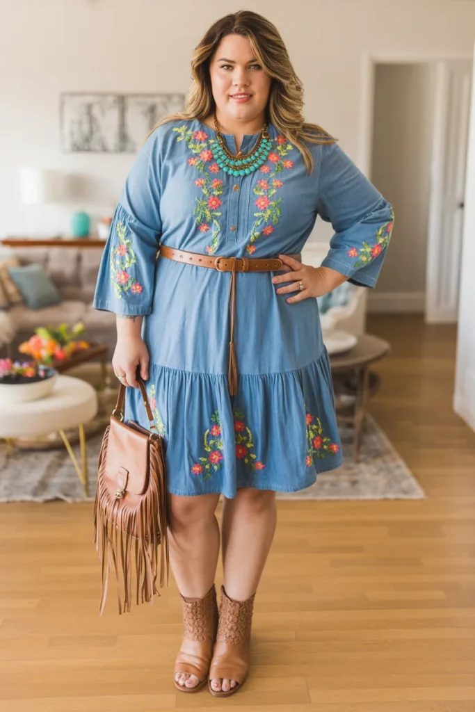 Plus Size Summer Embroidered Chambray Nashville Outfit