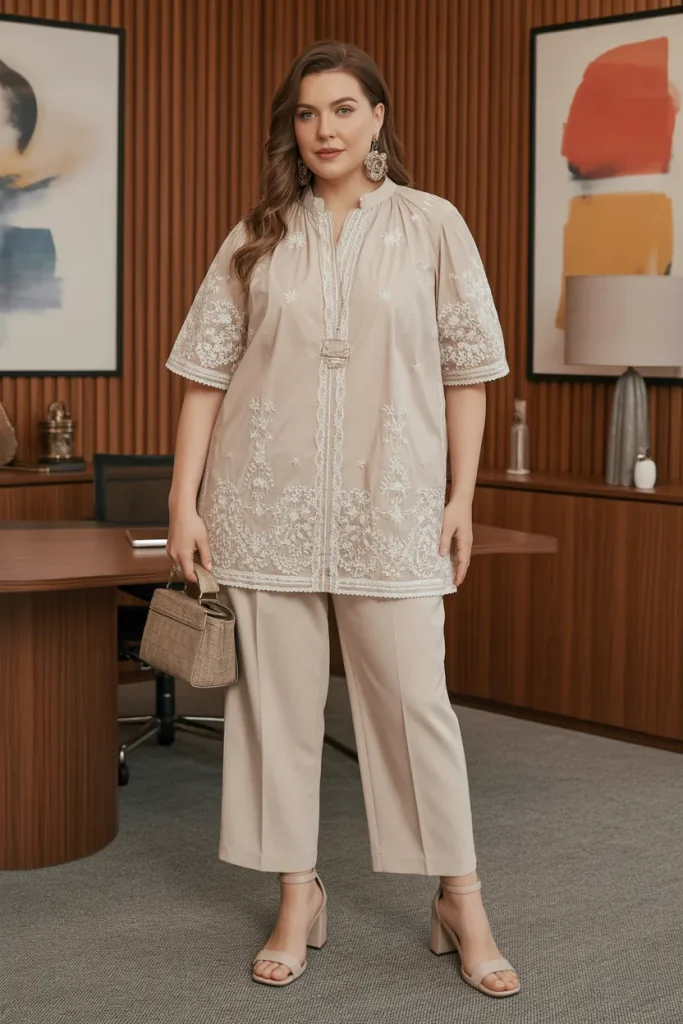 Plus Size Summer Embroidered Cotton Voile Blouse Trousers Office Outfit