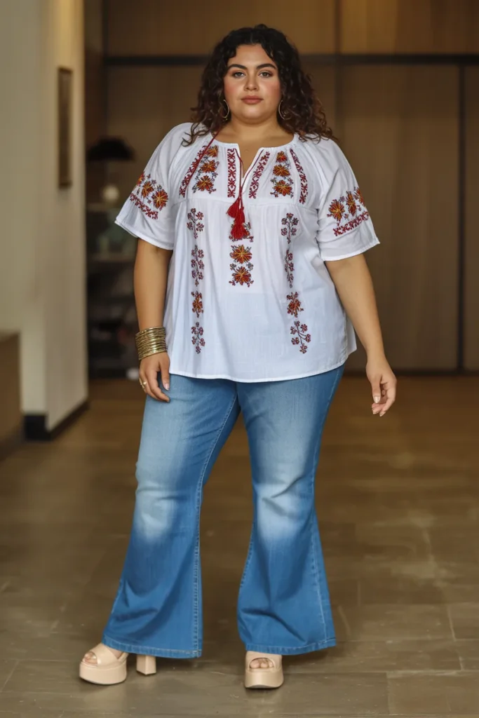 Plus Size Summer Embroidered Peasant Top with Flare Jeans Outfit