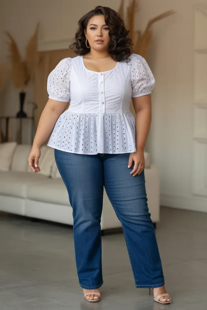 Plus Size Summer Eyelet Peplum Top with Straight Leg Jeans Outfit