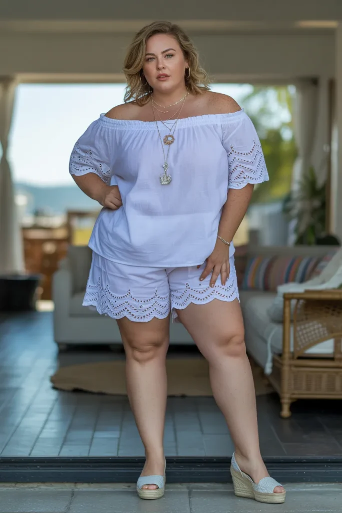 Plus Size Summer Eyelet Shorts and Off Shoulder Peasant Top Outfit