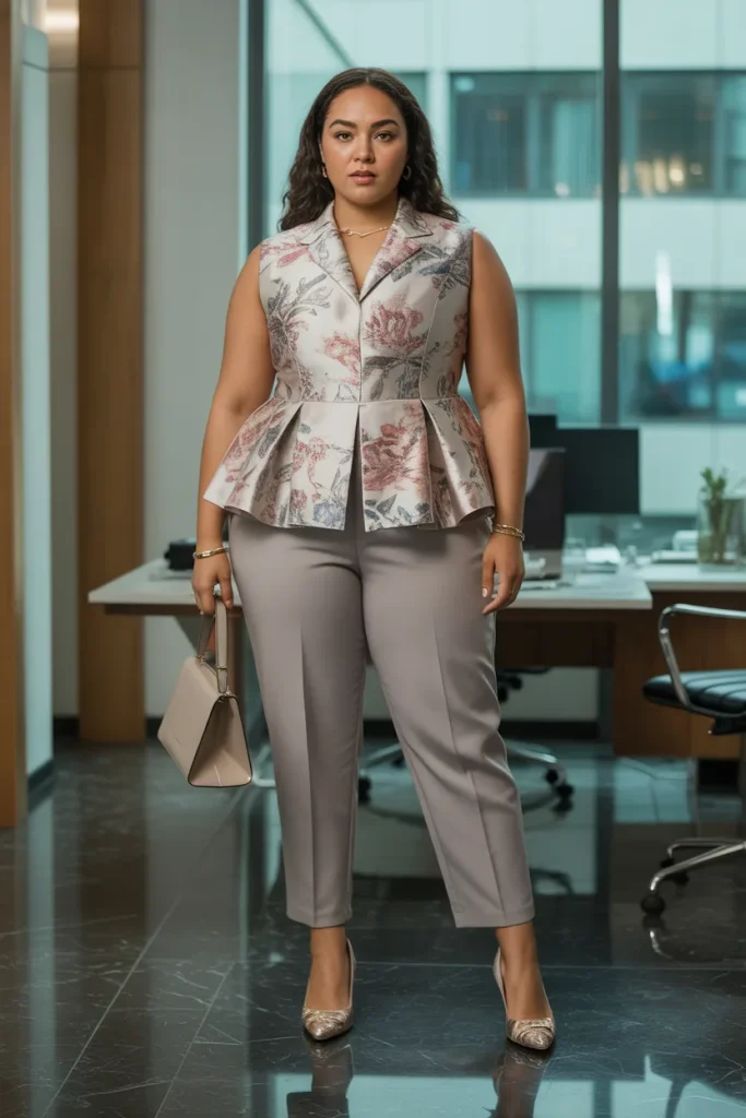 Plus Size Summer Floral Jacquard Peplum Top Crop Trouser Office Outfit