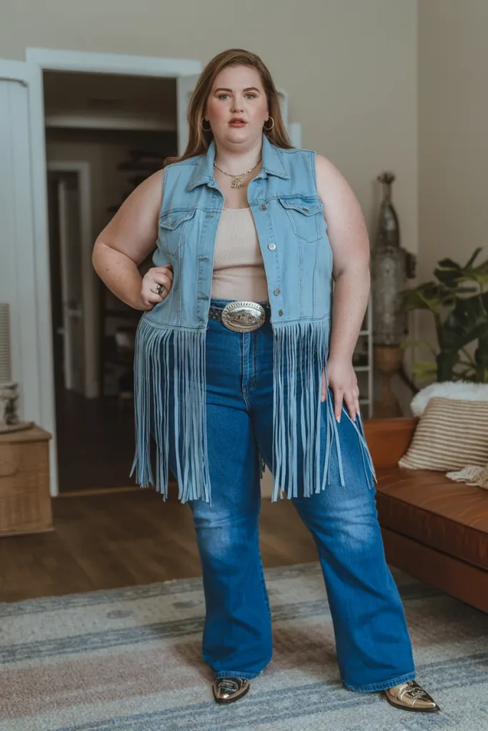 Plus Size Summer Fringe Denim Vest Nashville Outfit 2
