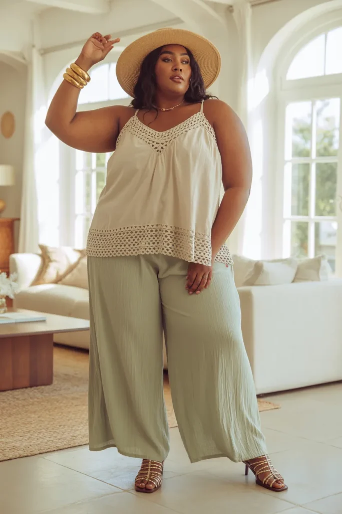 Plus Size Summer Gaucho Pants With Crochet Trim Camisole Holiday Outfit