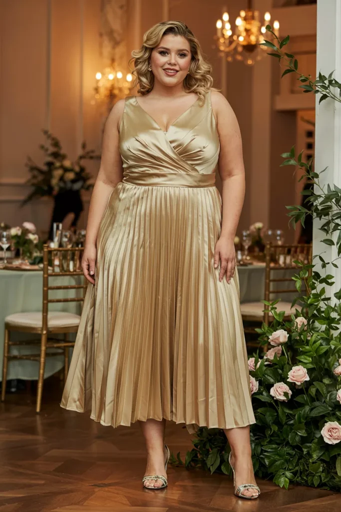 Plus Size Summer Gold Satin Pleated Tea Length Wedding Guest Dress
