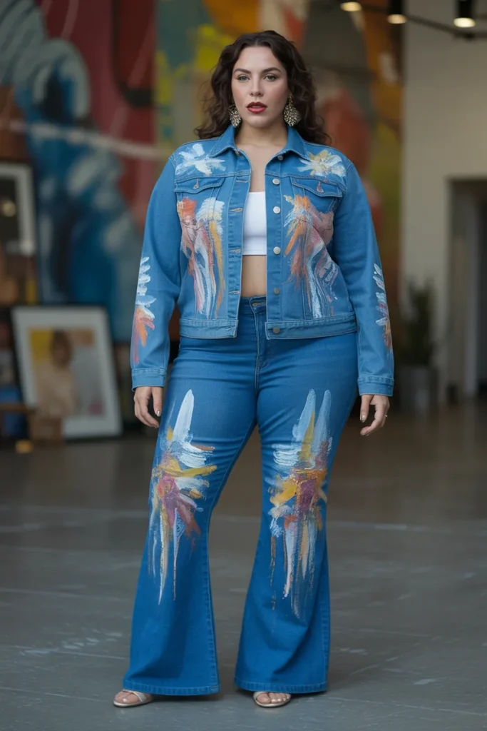 Plus Size Summer Hand Painted Denim Jacket with Flare Jeans Outfit