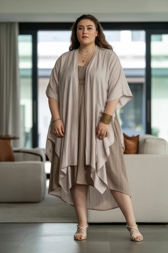 Plus Size Summer Handkerchief Hem Kimono With Column Dress Holiday Outfit