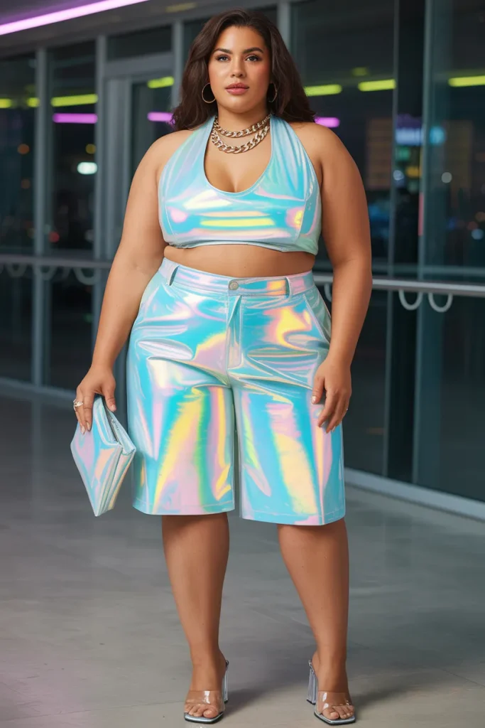 Plus Size Summer Holographic Halter and Bermuda Shorts Vegas Outfit