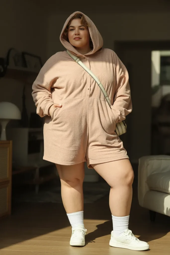 Plus Size Summer Hooded Terry Cloth Romper Athleisure Outfit