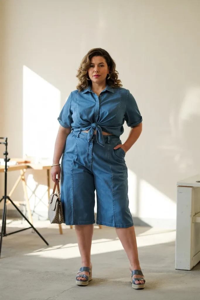 Plus Size Summer Knee Length Denim Bermuda and Tie Front Blouse Mom Outfit