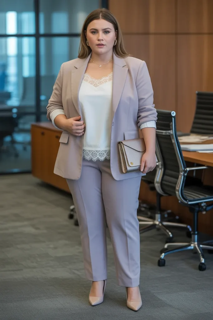 Plus Size Summer Lace Trim Layered Tank Blazer Office Outfit