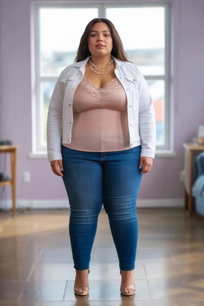 Plus Size Summer Lace Trimmed Cami with White Denim Jacket Outfit