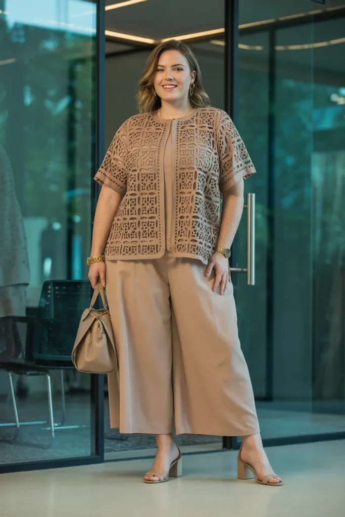 Plus Size Summer Laser Cut Overlay Top and Culottes Business Casual Outfit