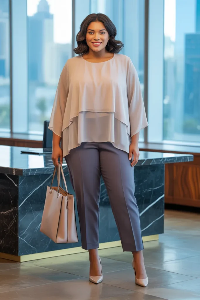 Plus Size Summer Layered Chiffon Blouse and Slim Cropped Pants Business Casual Outfit