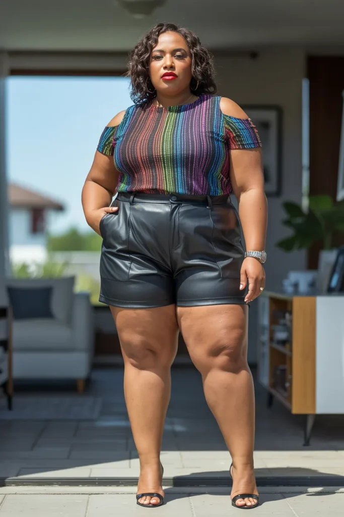Plus Size Summer Leather Shorts and Cold Shoulder Top Outfit