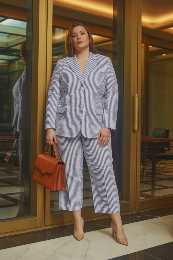 Plus Size Summer Lightweight Seersucker Blazer and Cropped Pants Business Casual Outfit