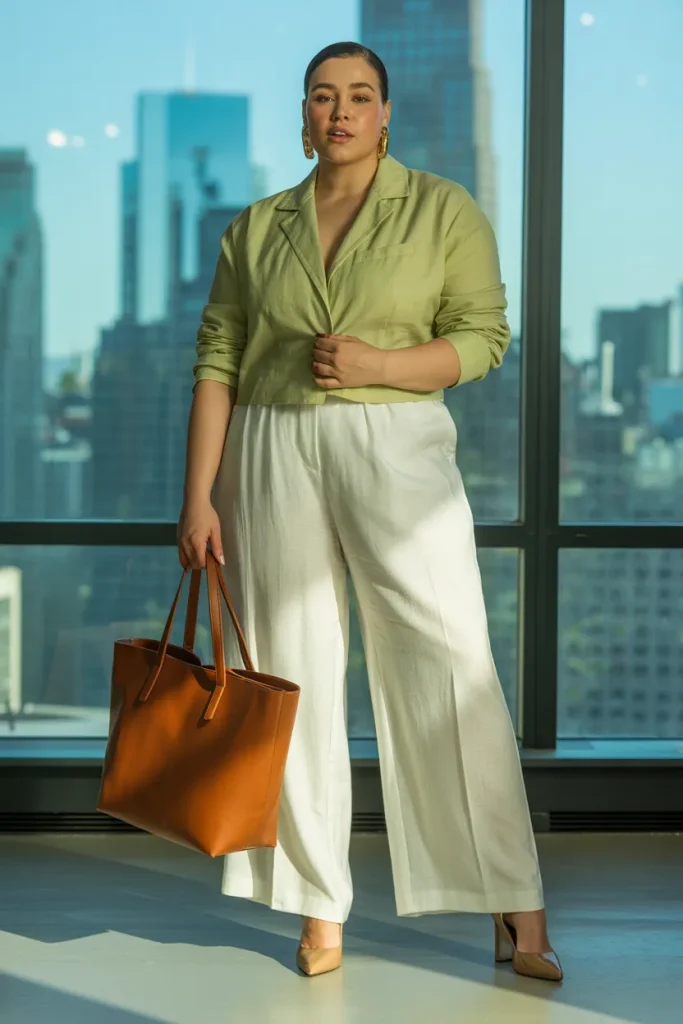 Plus Size Summer Linen Blend Cropped Palazzo Set Business Casual Outfit