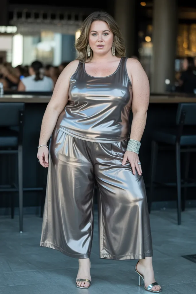 Plus Size Summer Liquid Metal Tank and Wide Leg Culottes Vegas Outfit