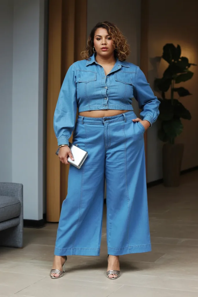 Plus Size Summer Long Sleeve Denim Cropped Wide Leg Pant Set