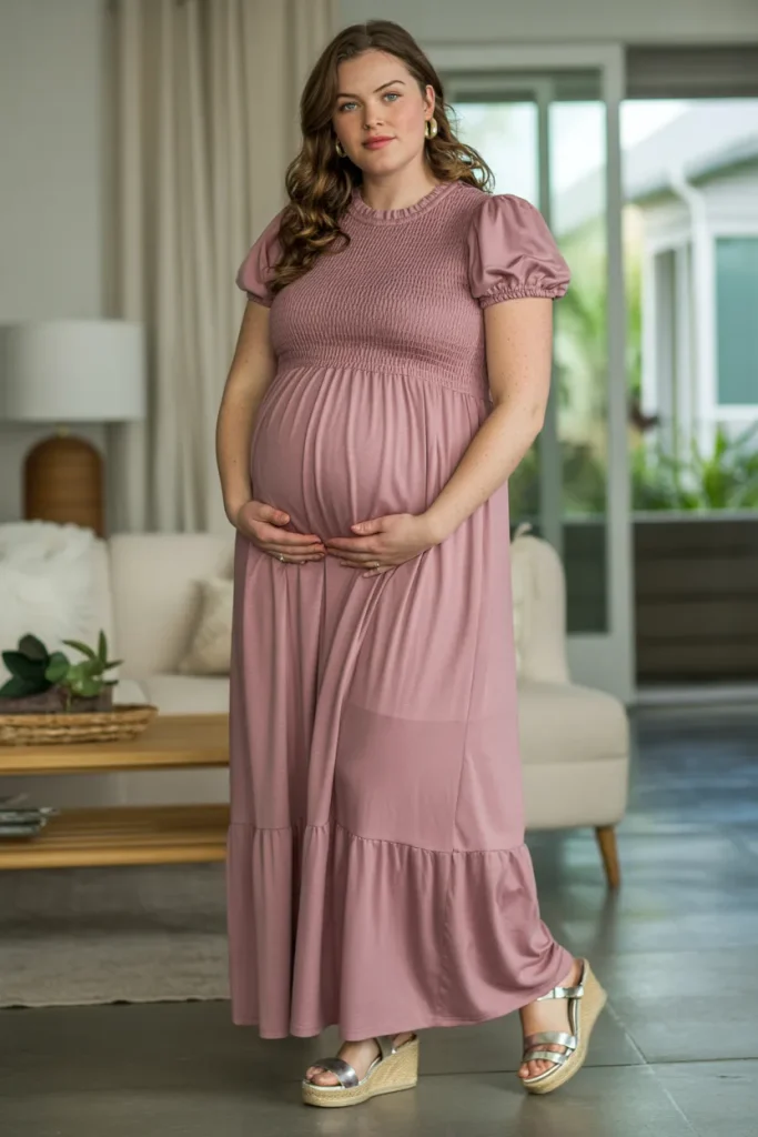 Plus Size Summer Maxi Dress Round Neck Short Sleeve Smocked Dress Pregnancy Outfit