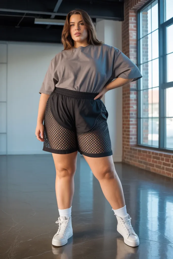 Plus Size Summer Mesh Overlay Basketball Short Athleisure Outfit