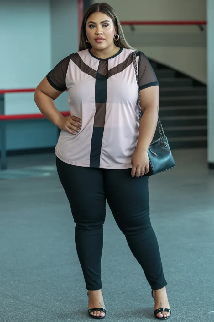 Plus Size Summer Mesh Panel Athletic Top with Black Skinny Jeans Outfit