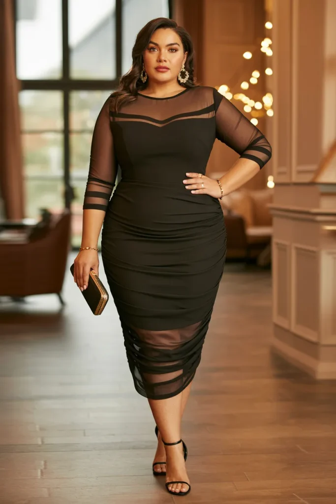 Plus Size Summer Mesh Panel Midi Dress With Ruched Sides Holiday Outfit