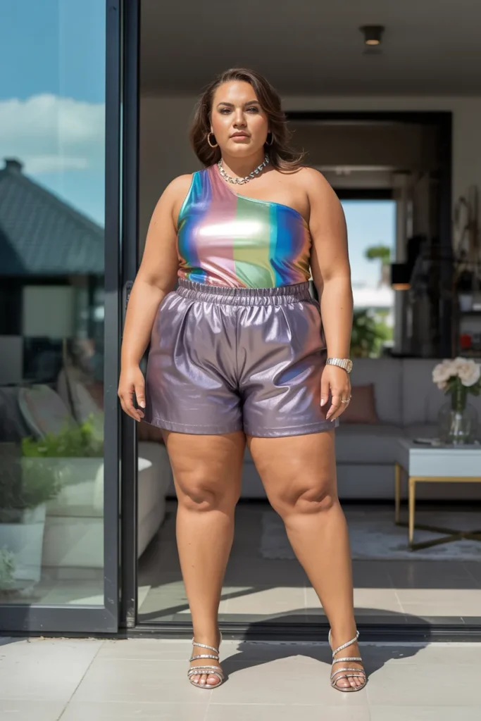 Plus Size Summer Metallic Shorts and One Shoulder Top Outfit