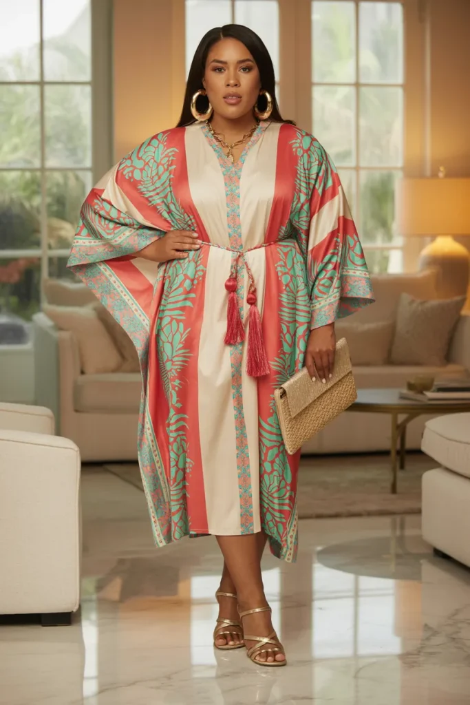 Plus Size Summer Mixed Print Caftan With Tassel Belt Holiday Outfit
