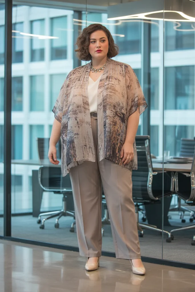 Plus Size Summer Mixed Print Kimono Topper Office Outfit