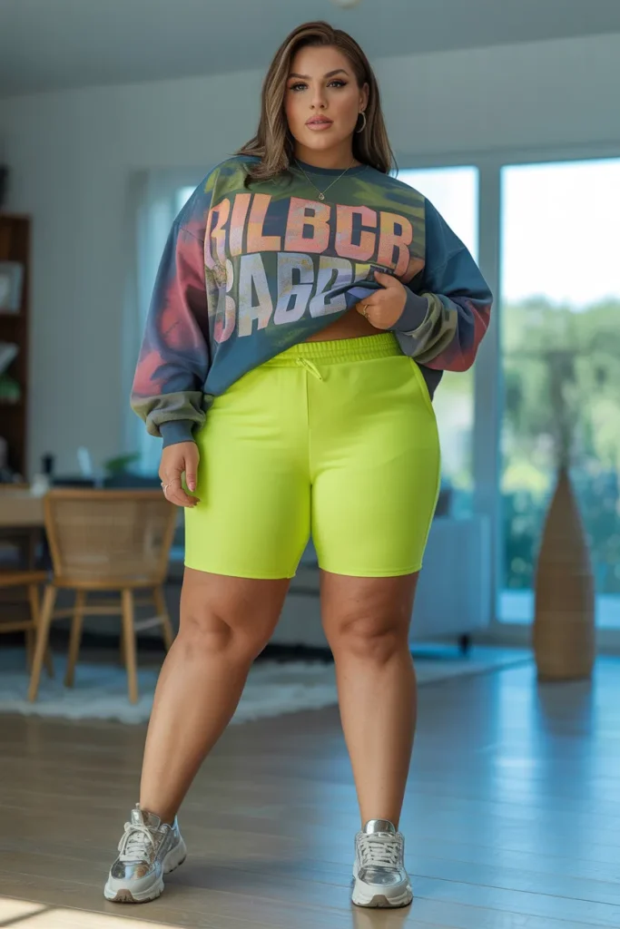 Plus Size Summer Neon Biker Shorts and Oversized Graphic Sweatshirt Outfit
