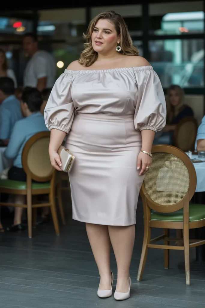 Plus Size Summer Off Shoulder Balloon Sleeve and Pencil Skirt Vegas Outfit