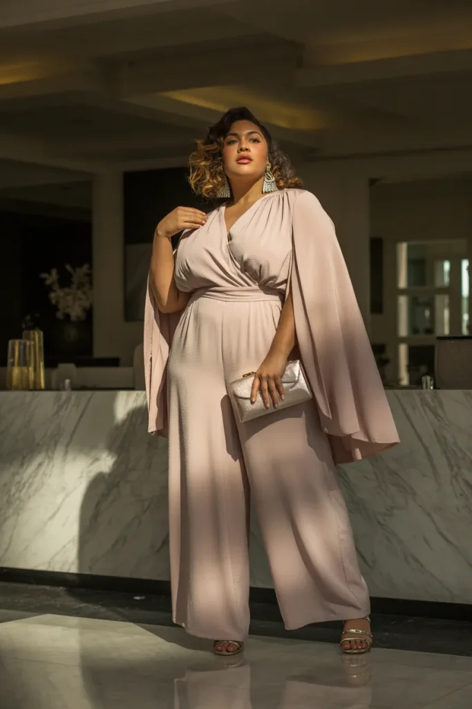 Plus Size Summer Palazzo Jumpsuit With Cape Holiday Outfit