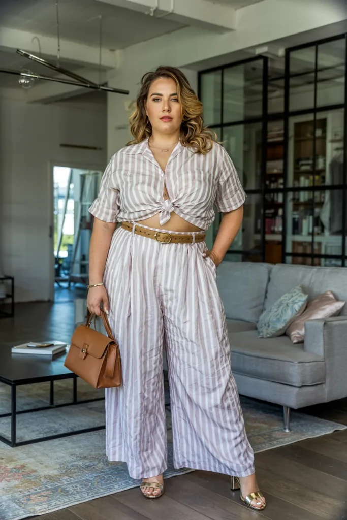 Plus Size Summer Palazzo Pants and Cropped Button Up European Outfit