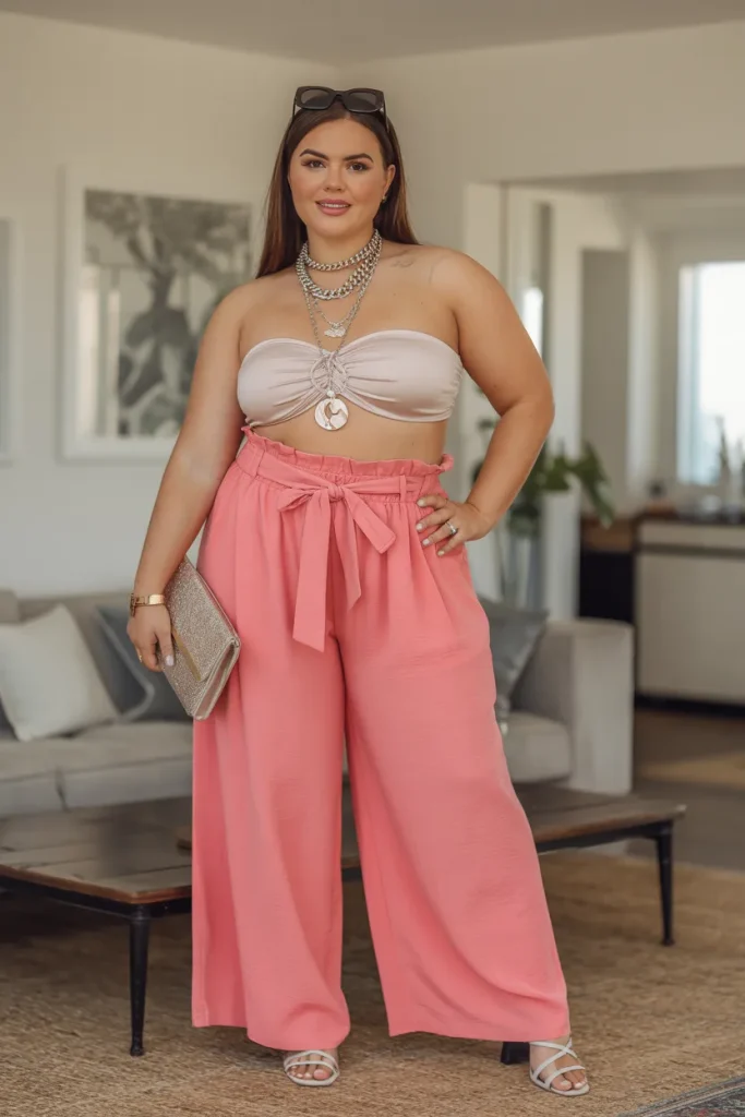 Plus Size Summer Paper Bag Palazzo Pants and Bandeau Top European Outfit