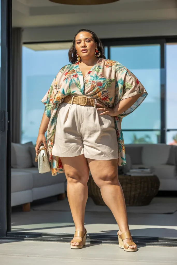 Plus Size Summer Paperbag Waist Shorts With Kimono Blouse Holiday Outfit
