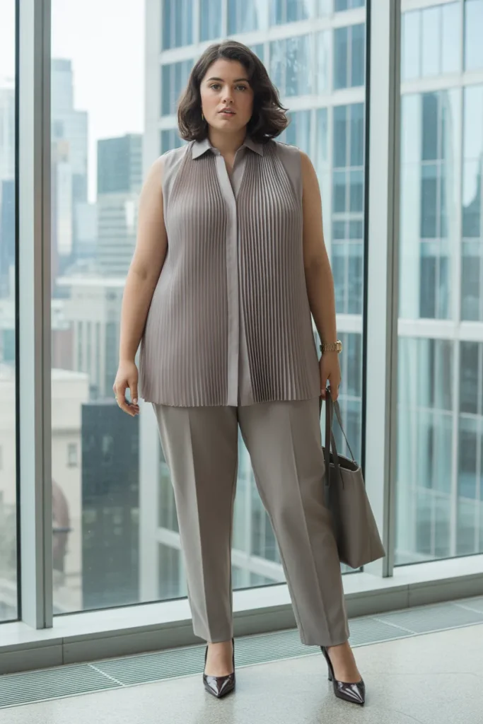 Plus Size Summer Pleated Back Button Down Slim Trousers Office Outfit