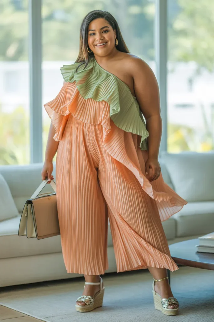 Plus Size Summer Pleated Culotte Jumpsuit With Cascading Ruffles Holiday Outfit