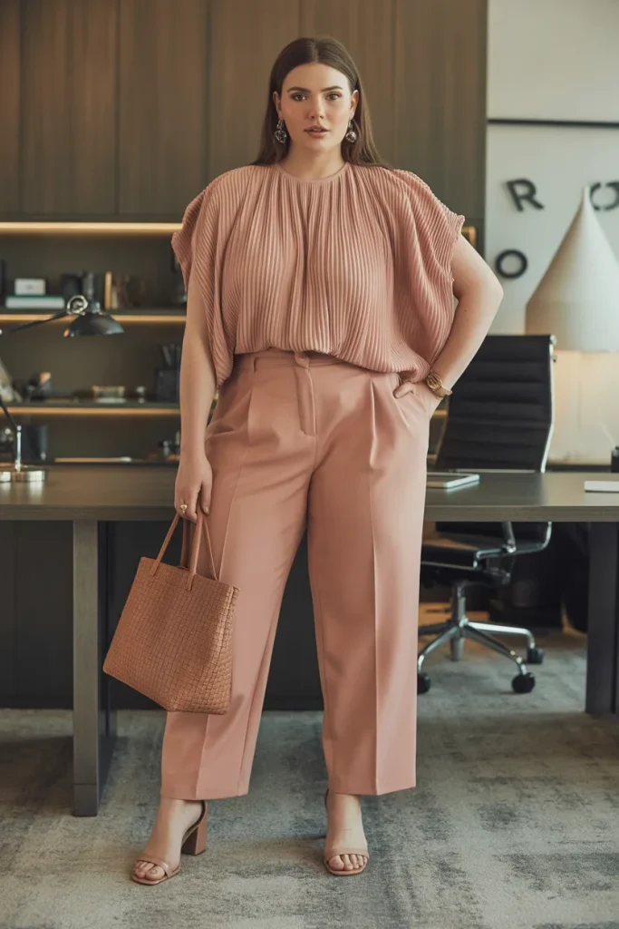 Plus Size Summer Pleated Shoulder Blouson Top Trousers Office Outfit