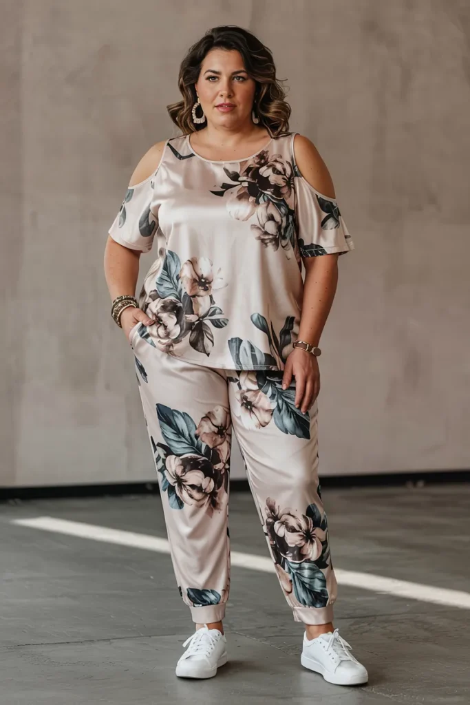 Plus Size Summer Printed Joggers and Cold Shoulder Top Mom Outfit