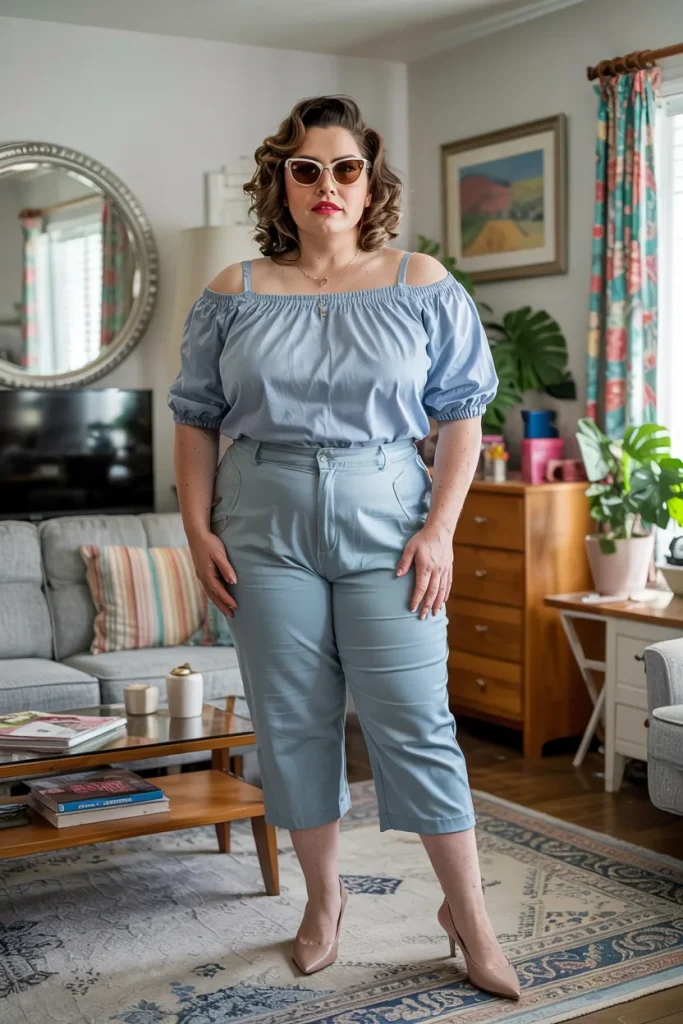 Plus Size Summer Retro Inspired Capri and Bardot Top Mom Outfit