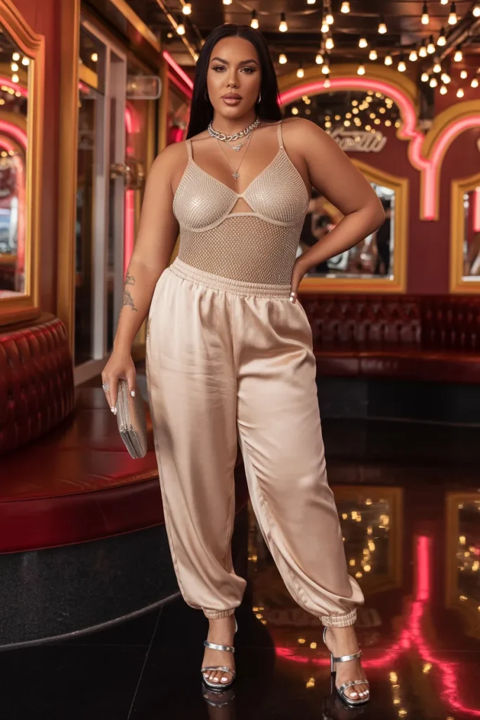 Plus Size Summer Rhinestone Fishnet Bodysuit and Satin Joggers Vegas Outfit