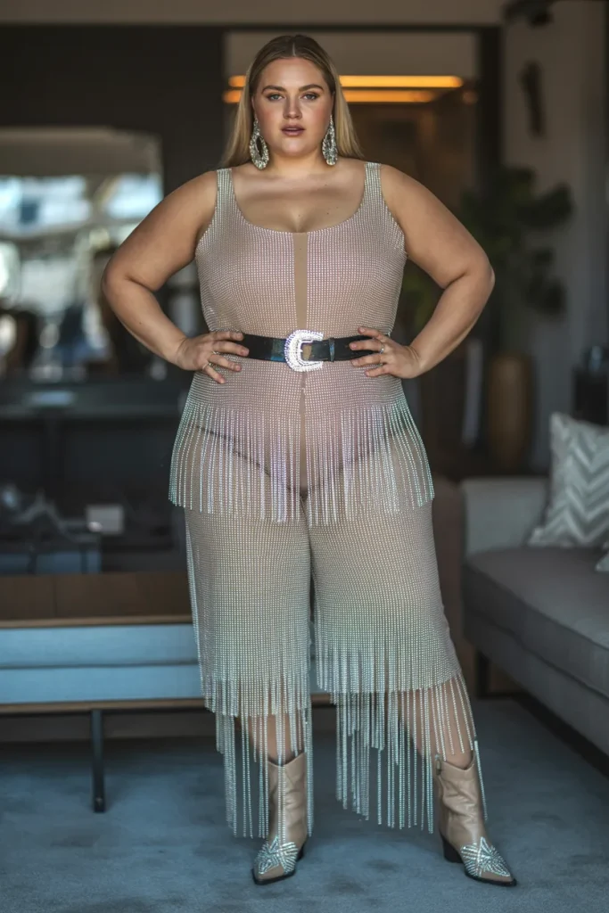 Plus Size Summer Rhinestone Fringe Jumpsuit Nashville Outfit