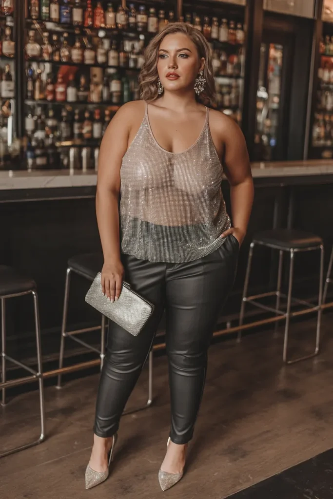 Plus Size Summer Rhinestone Mesh Tank and Leather Pants Vegas Outfit