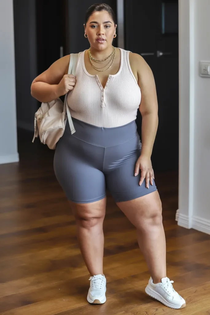 Plus Size Summer Ribbed Henley Bodysuit Athleisure Outfit