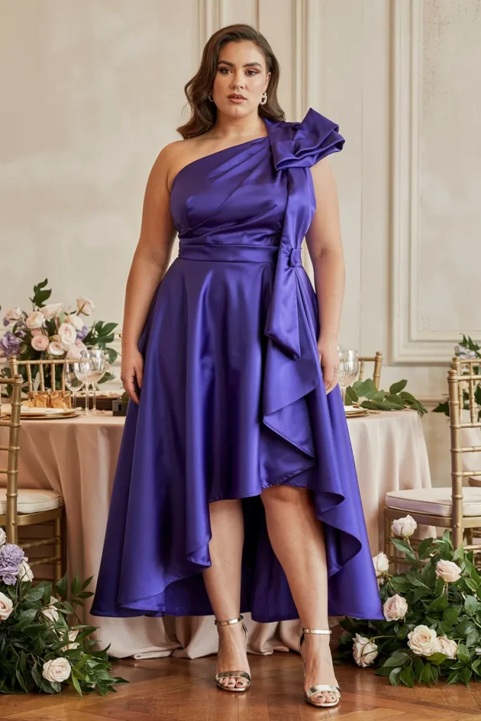 Plus Size Summer Royal Purple Architectural Bow One Shoulder Wedding Guest Dress