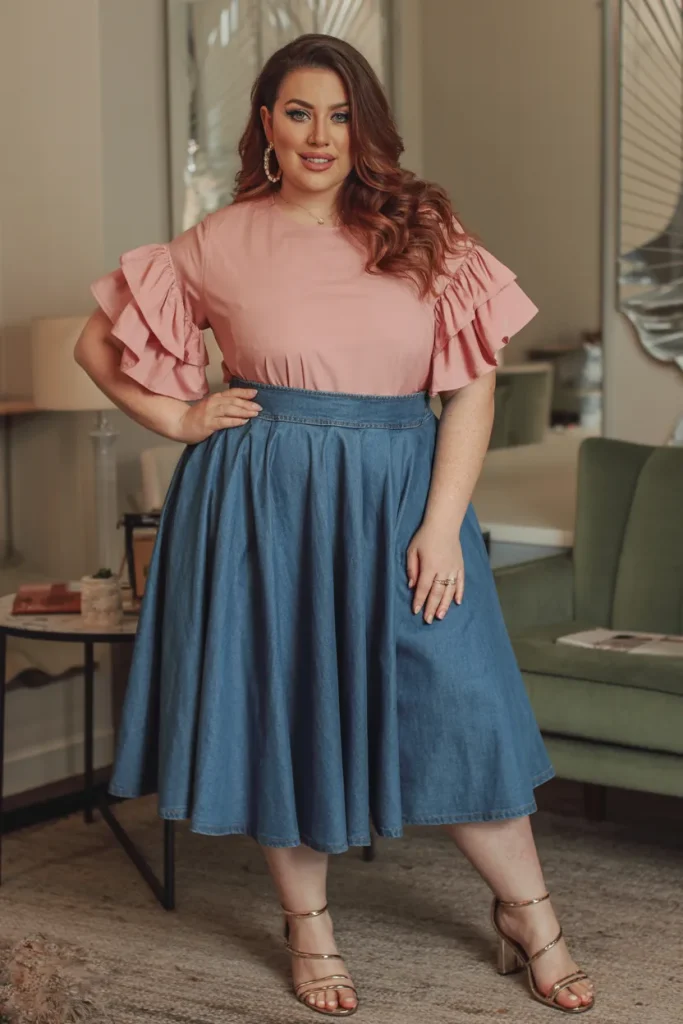 Plus Size Summer Ruffle Sleeve Blouse with Denim Skirt Outfit